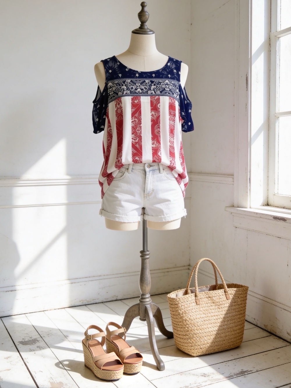 Investments Navy Red White Paisley Cold-Shoulder Top